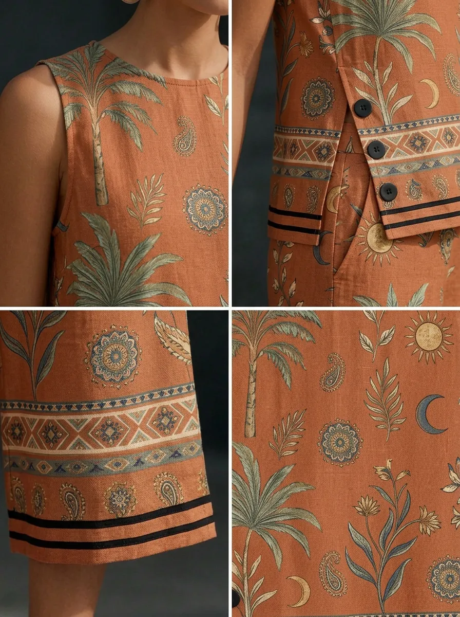 Women's Bohemian Sun Moon Palm Printed Sleeveless Set