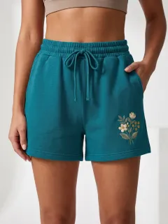 Women's Floral-Embroidered Drawstring Lounge Shorts