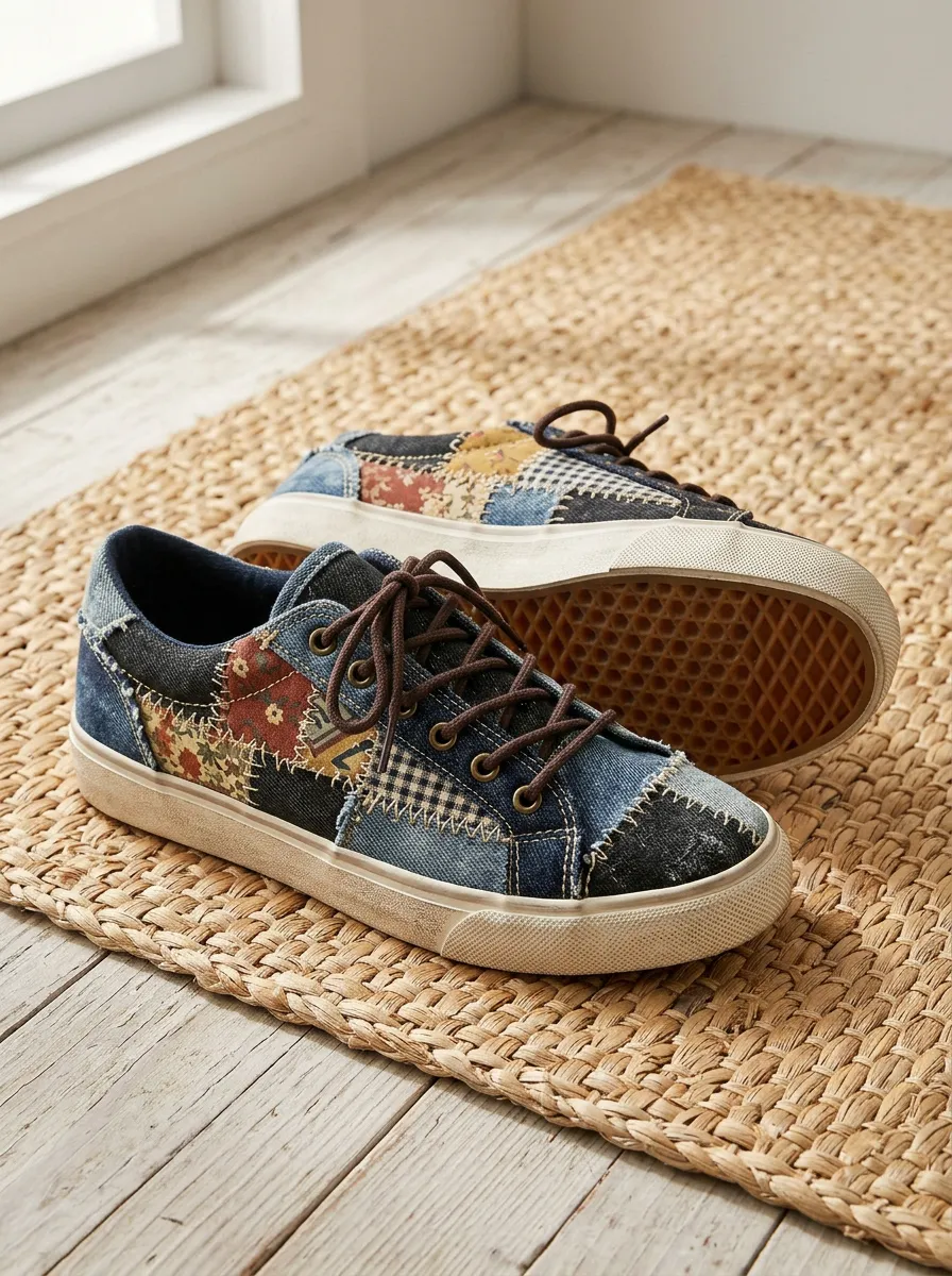 Women's Vintage Patchwork Denim Floral Printed Sneakers