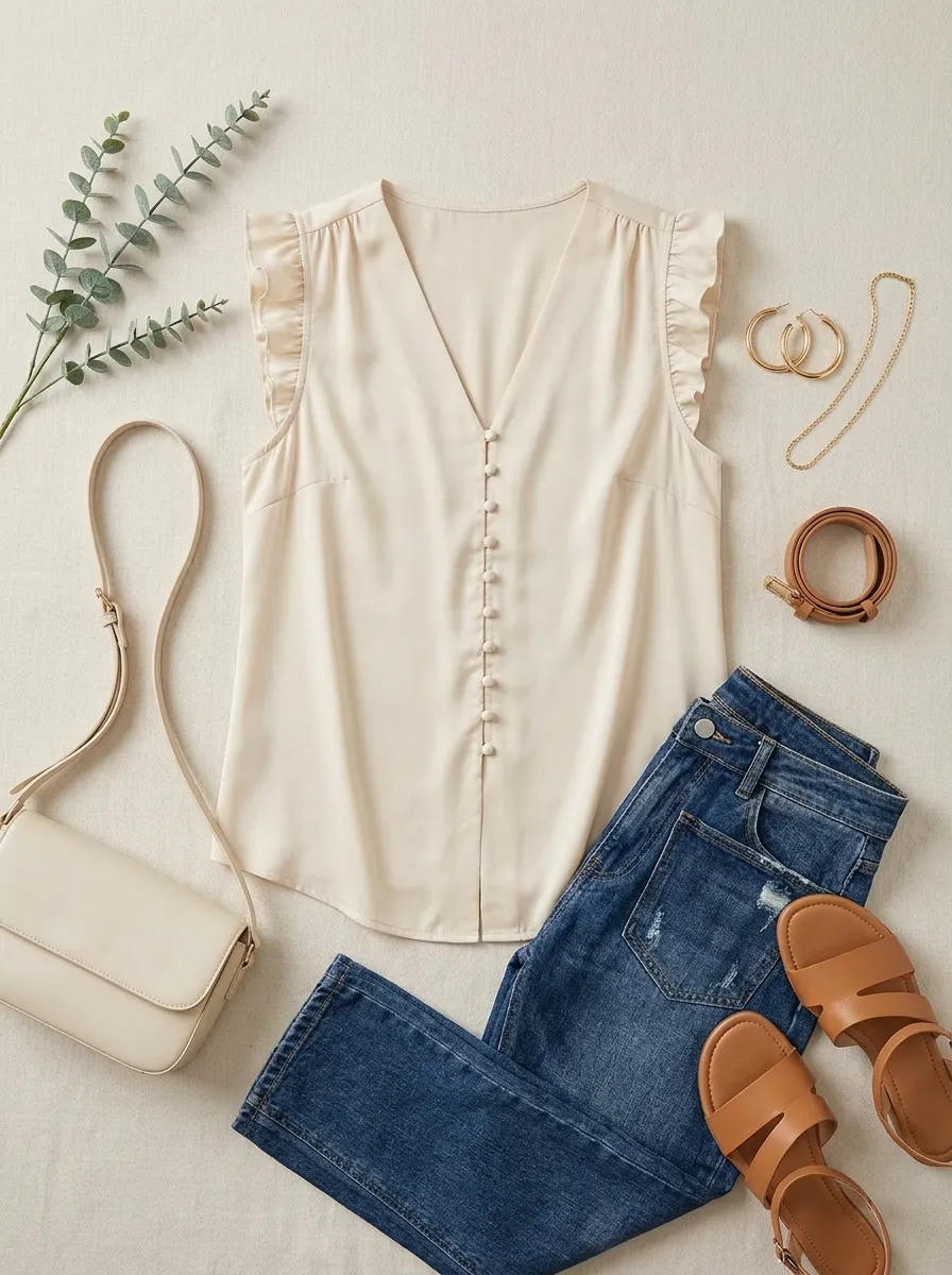 V-Neck Ruffle Sleeve Button Down Blouse