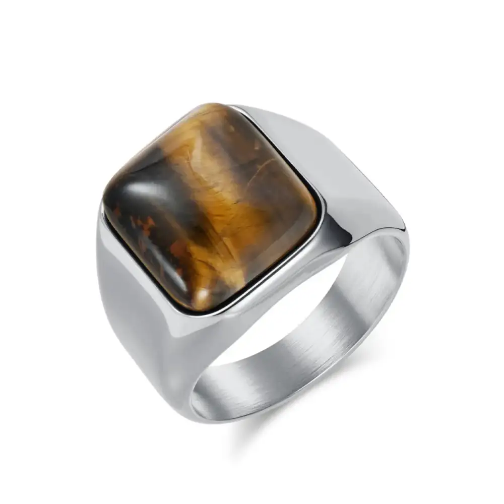 Men's Stainless Steel Square Tiger Eye Signet Ring