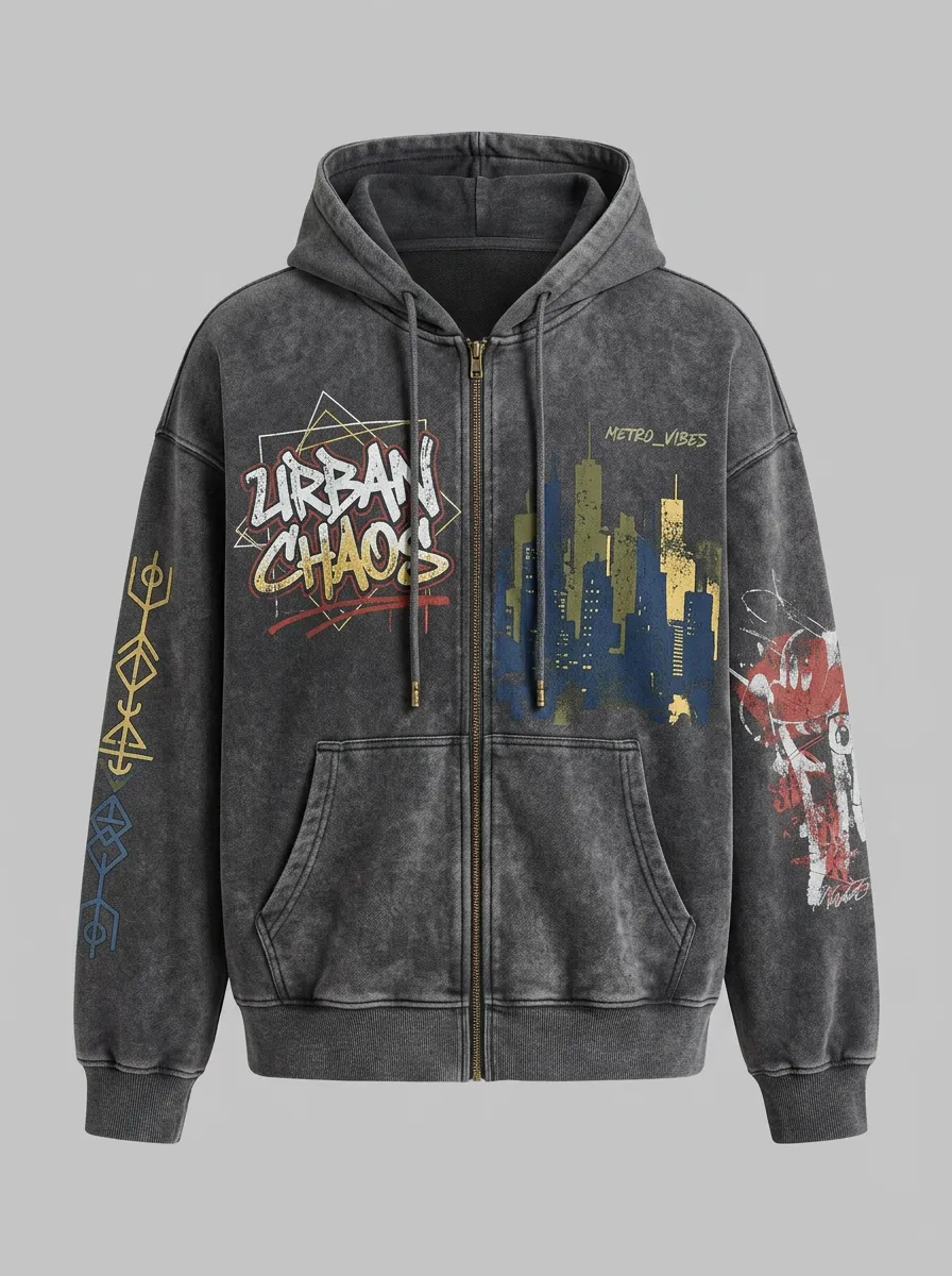 Unisex Streetwear Urban Chaos City Skyline Printed Zip-up Hoodie