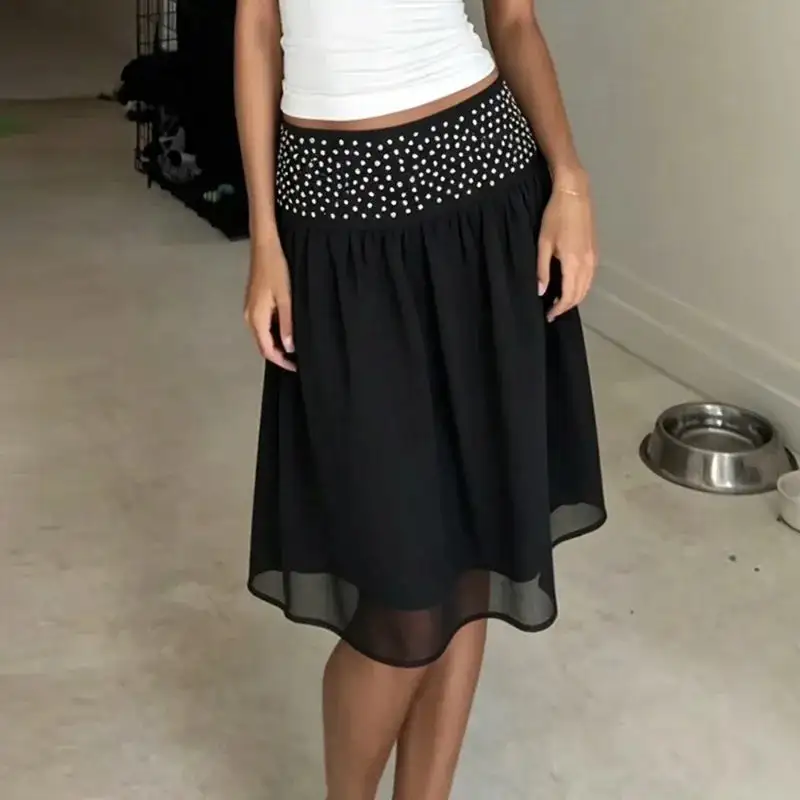 Midi Pleated Polka-Dot A-Line Skirt