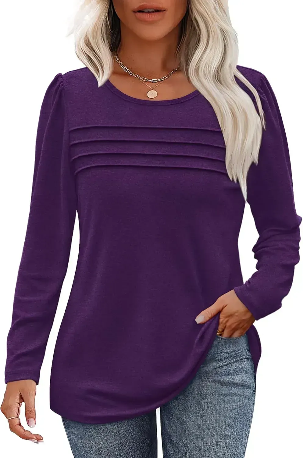 OFEEFAN Long Sleeve Shirts for Women Fall Fashion 2024 Dressy Casual Blouses Trendy Pleated Tunic Tops for Leggings
