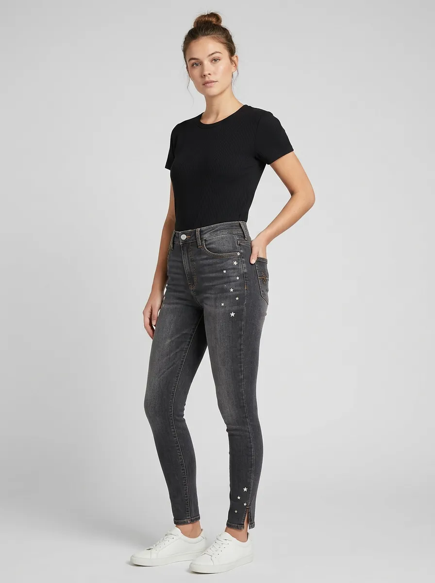 Women's Star Pattern Gray Washed Printed Slim-Fit Jeans