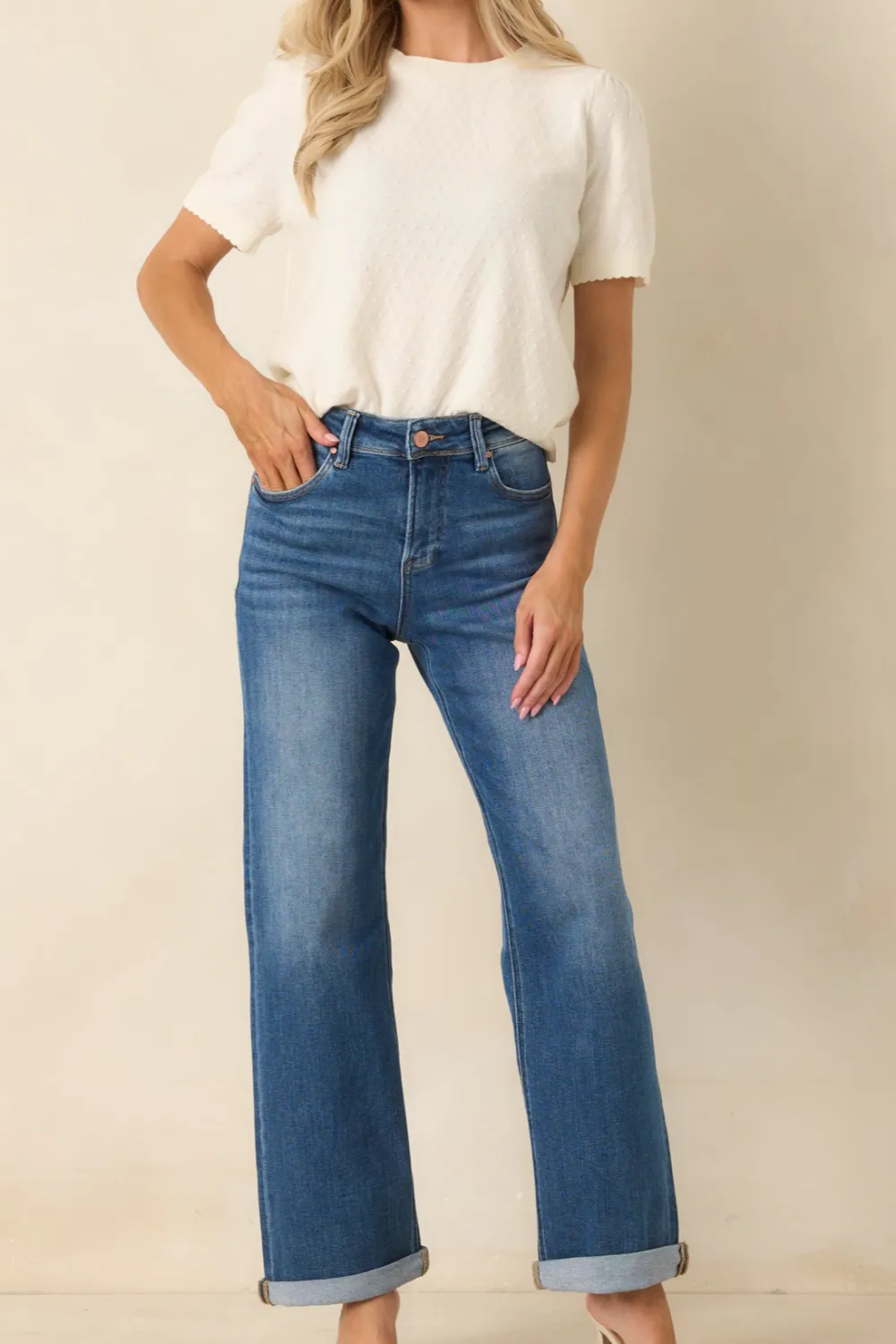 Roll Medium Wash High Rise Cuffed Straight Leg Jeans