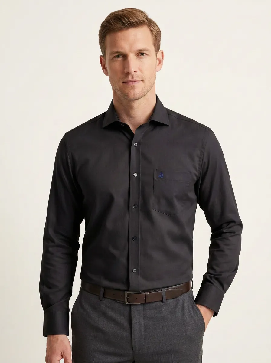 Men's Non-Iron Cotton Sailboat Embroidered Long Sleeve Shirt