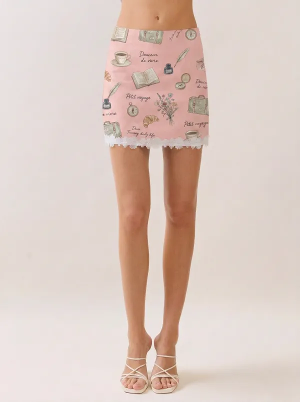 Women's Vintage Aesthetic Travel Book Coffee Printed Mini Skirt