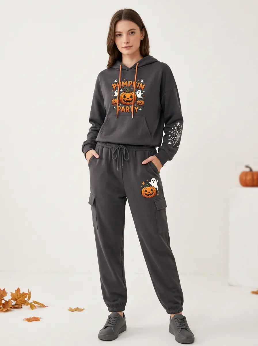 Women's Halloween Pumpkin Party Ghost Printed Tracksuit