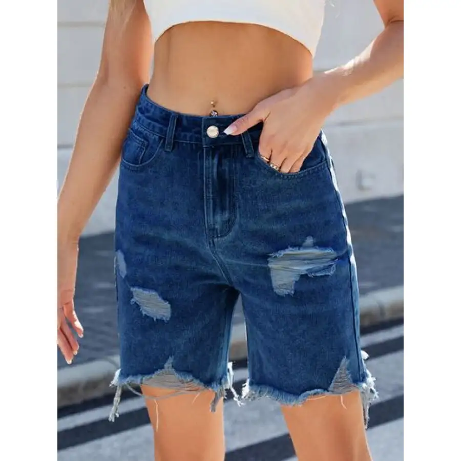 Casual Raw Hem Distressed Denim Shorts