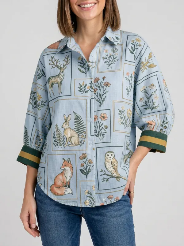 Women's Nature Lover Woodland Animal Floral Printed Button-up Shirt