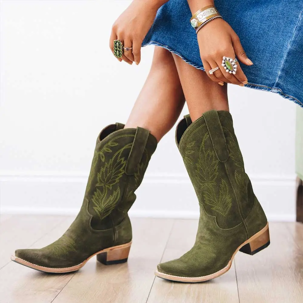 Modern Faux-Suede Embroidered Snip-Toe Chunky-Heel Mid-Calf Boots
