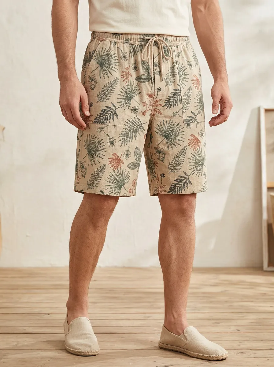 Men's Tropical Botanical Leaf Floral Drawstring Shorts