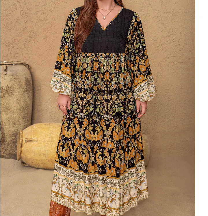 Plus Size V-Neck Balloon Sleeve Midi Dress