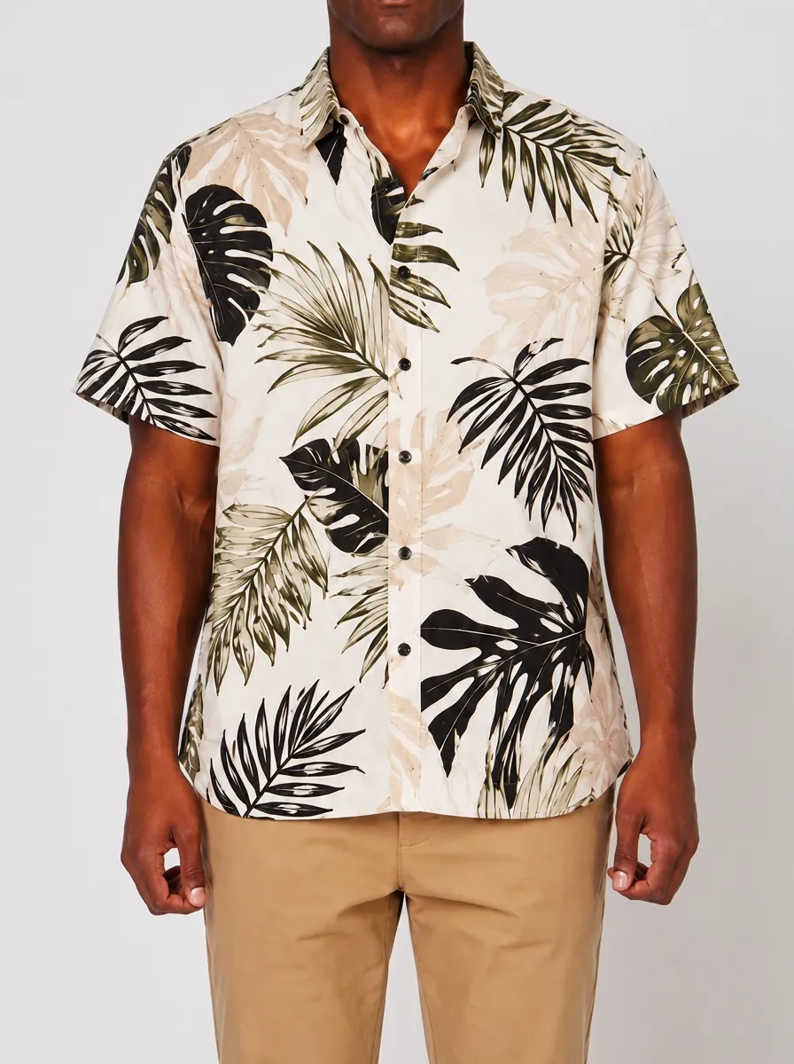 Men's Tropical Botanical Leaf Printed Button-up Shirt
