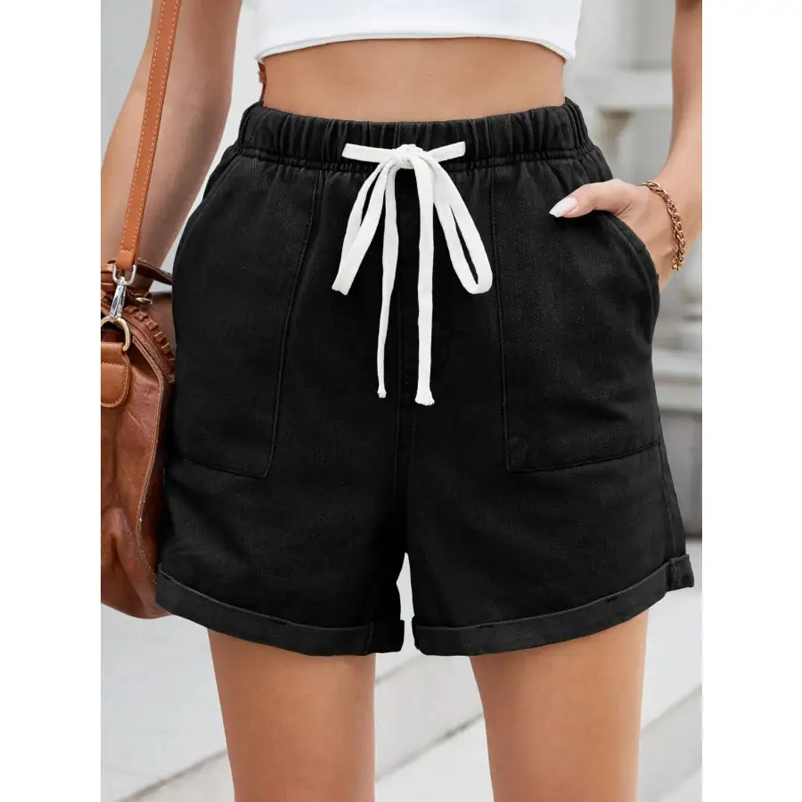 Casual Drawstring Pocketed Denim Shorts