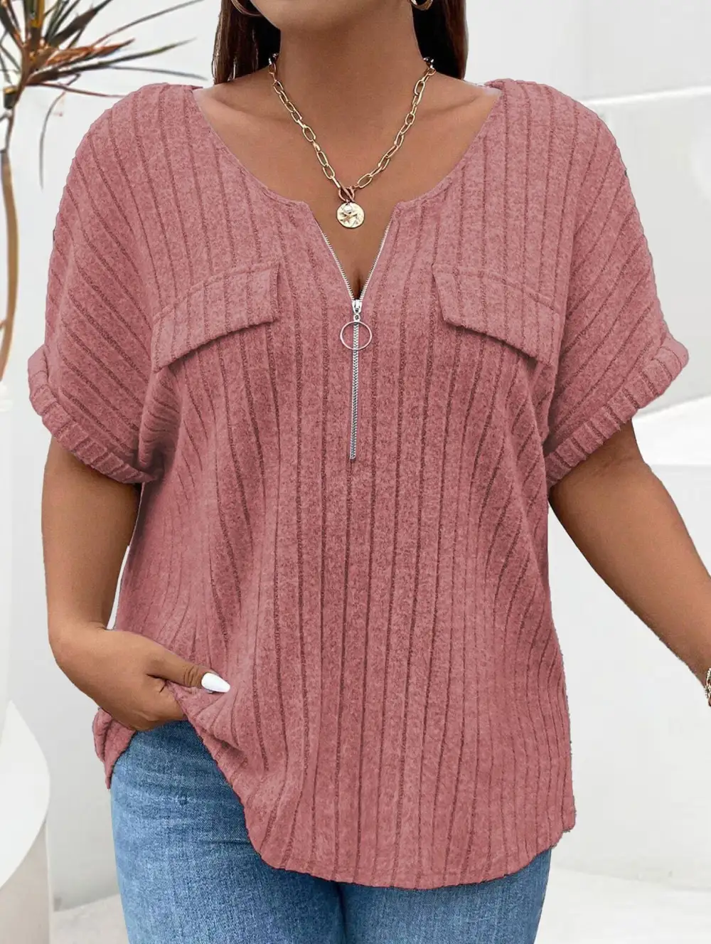 Ribbed V-Neck Knit Top