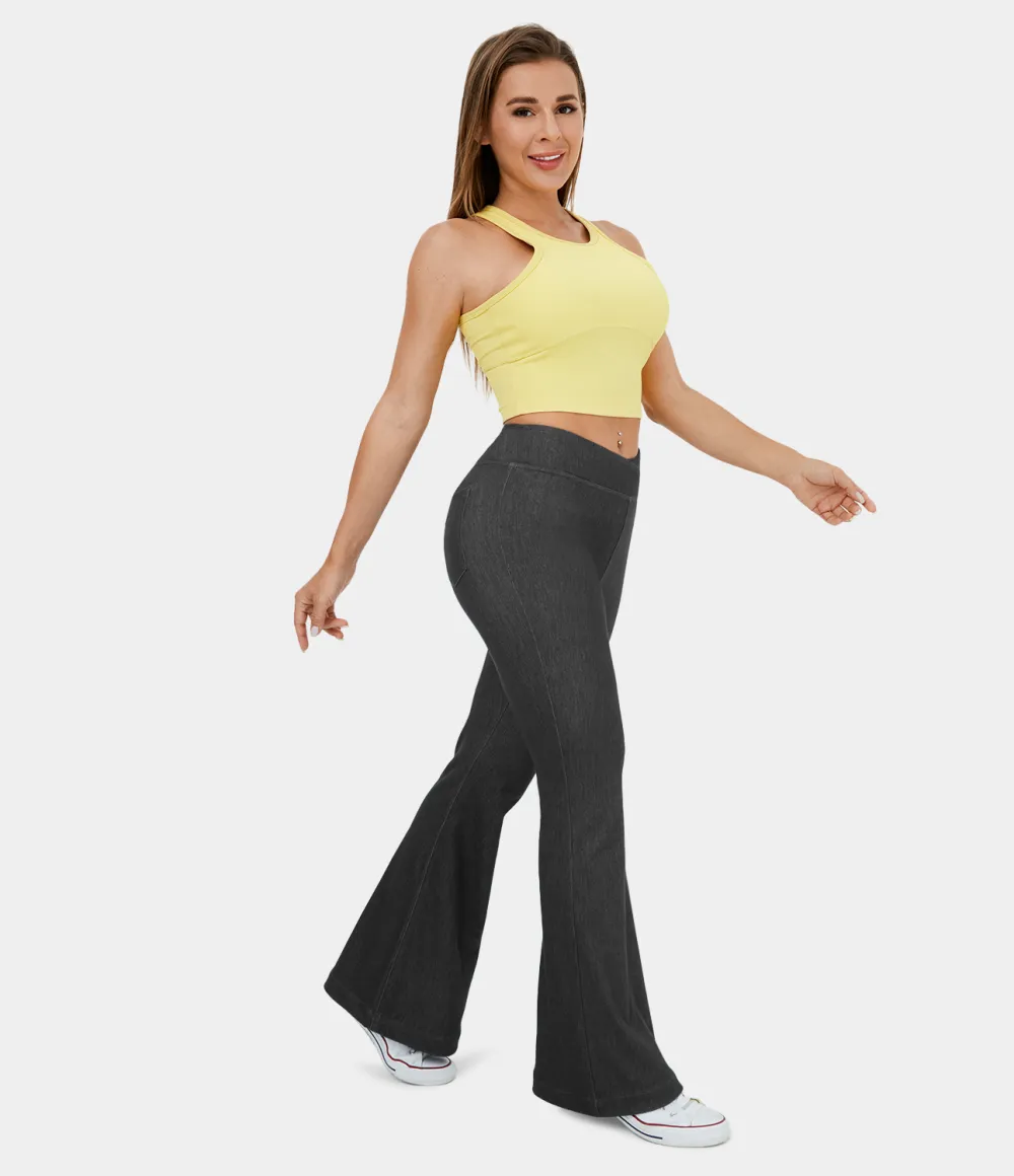 Magic High Waisted Crossover Back Pocket Stretchy Knit Casual Flare Jeans