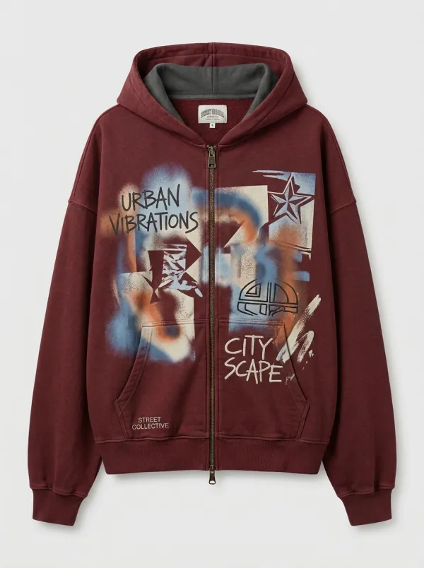 Unisex Streetwear Urban Vibrations Graffiti Star Printed Zip-up Hoodie