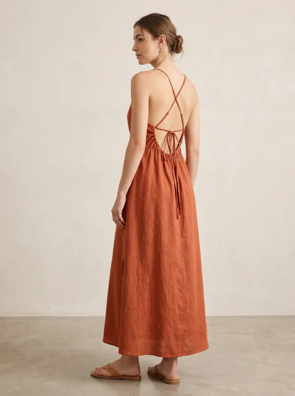Women's Casual Cross-Back Linen Maxi Backless Dress