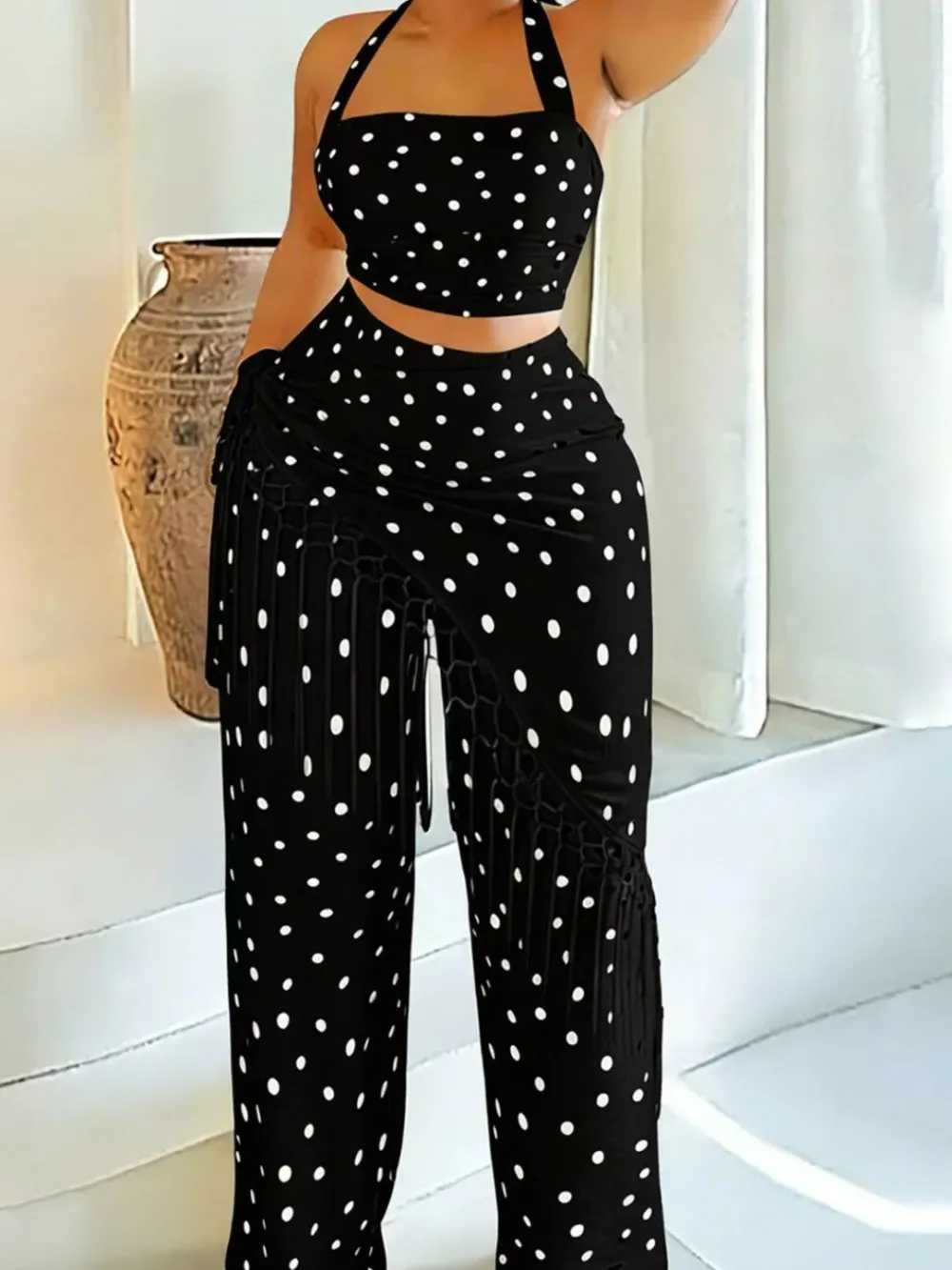 Polka Dot Halter Neck Cami and Fringe Trim Pants