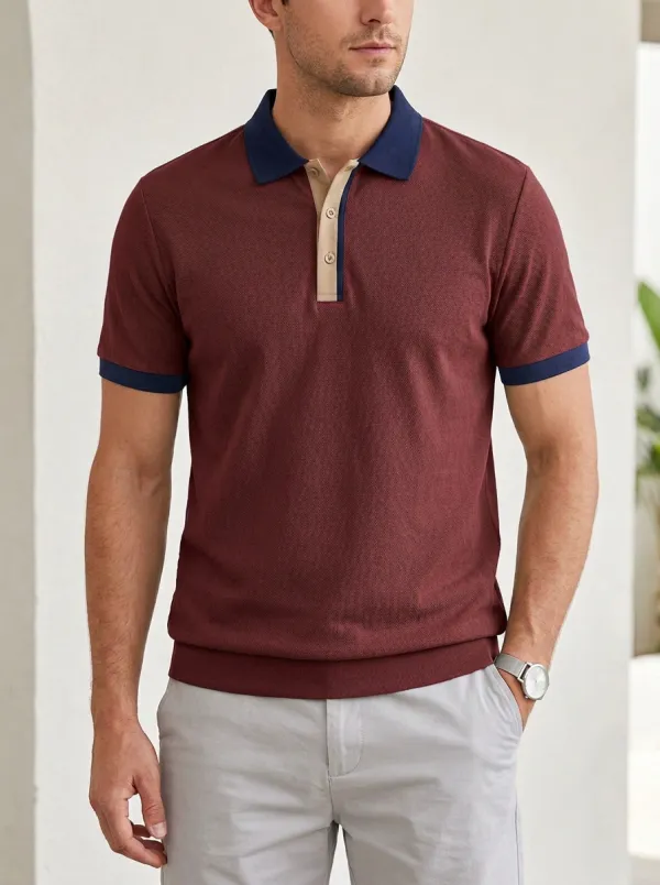 Men's Casual Sage Green Contrast Collar Button Placket Polo Shirt