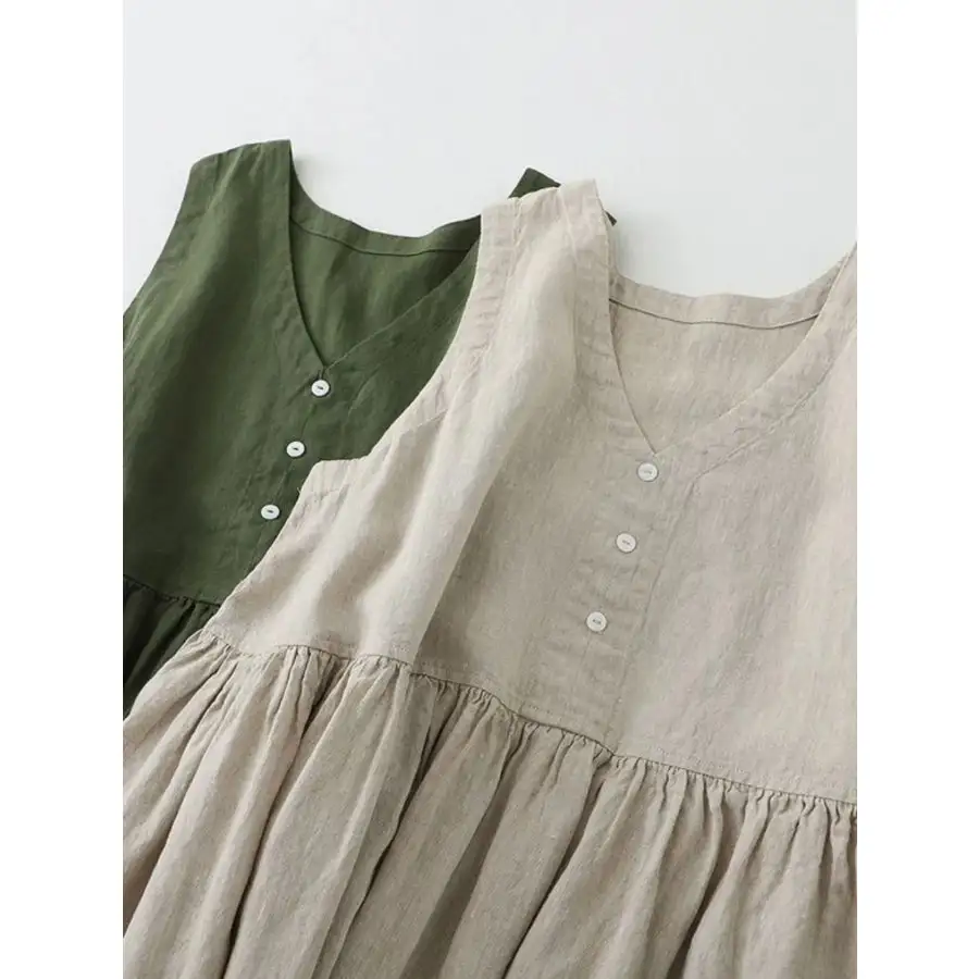 V-Neck Button Detail Sleeveless Midi Dress