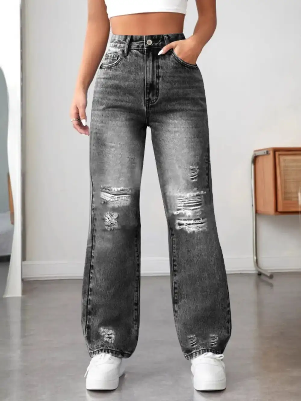 Relaxed High Waist Distressed Denim Jeans