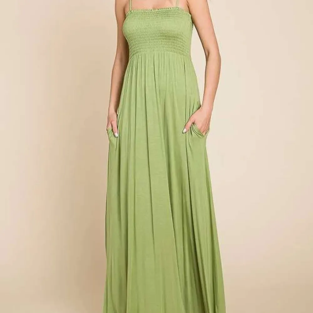 Elegant Smocked Cami Maxi Dress with Pockets