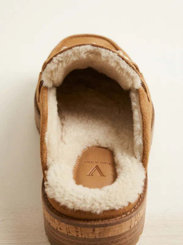 Women's Classic Faux Fur Lined Buckle Detail Platform Suede Wood Sole Loafers