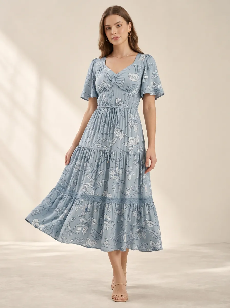 Women's Soft Pattern Botanical Floral Print Midi Dress