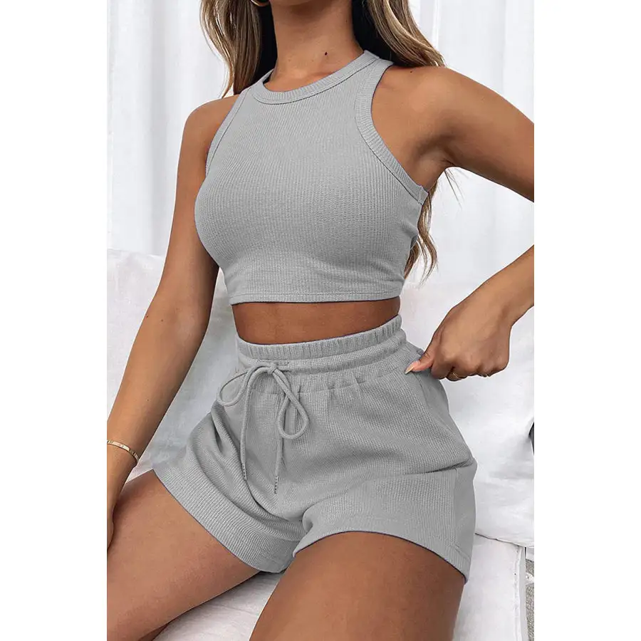 Relaxed Round Neck Top and Drawstring Shorts Set