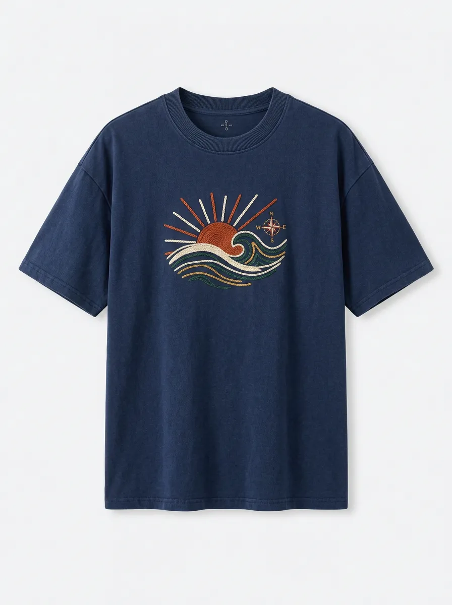 Unisex Beach Lover Sunset Wave Compass Embroidered T-shirt