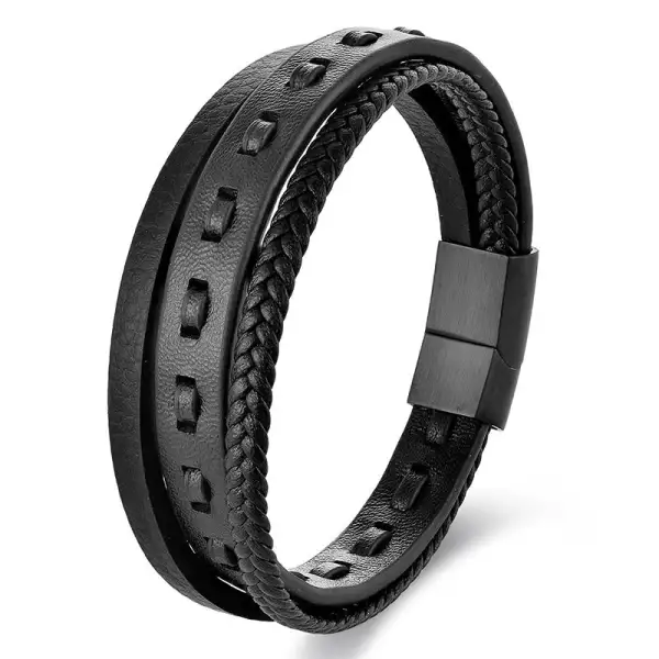 Titanium Steel Buckle Multilayered Braided Leather Bracelet