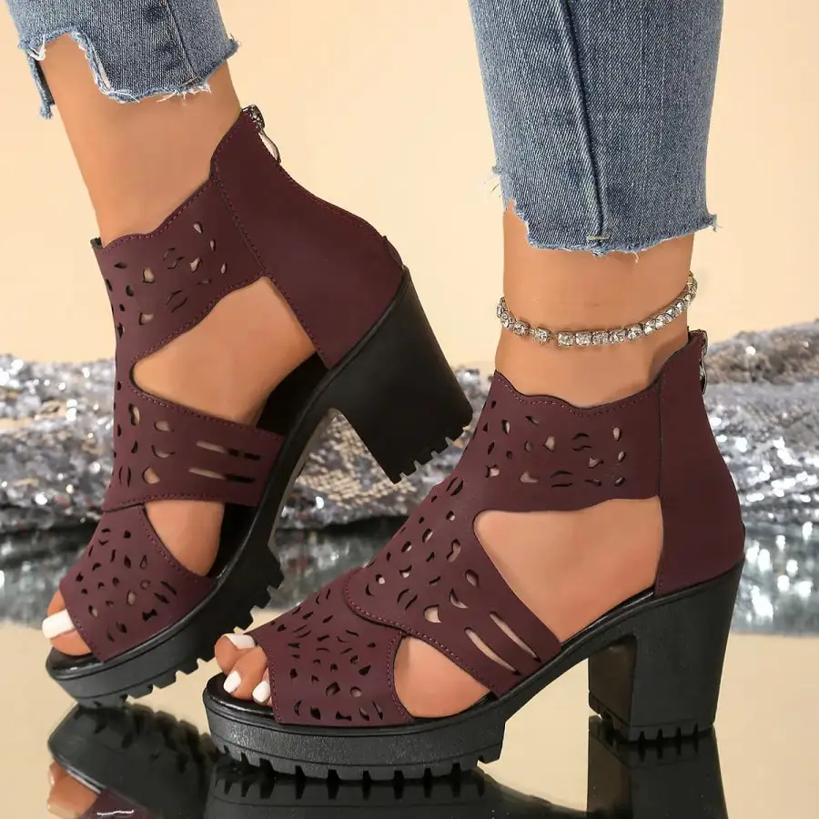 Refined Cutout Block Heels Sandals
