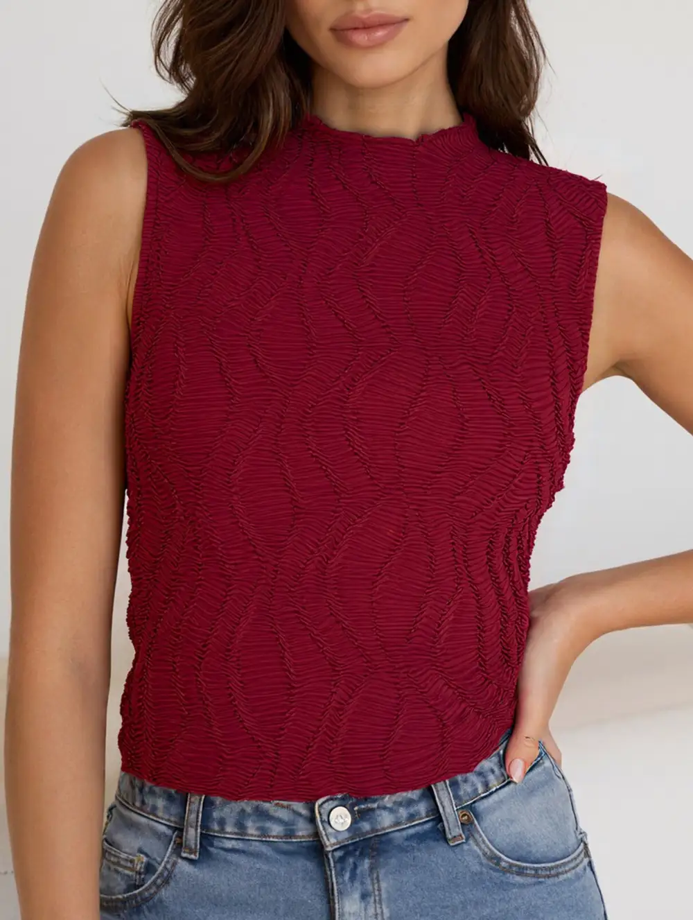 Mock Neck Textured Sleeveless Top