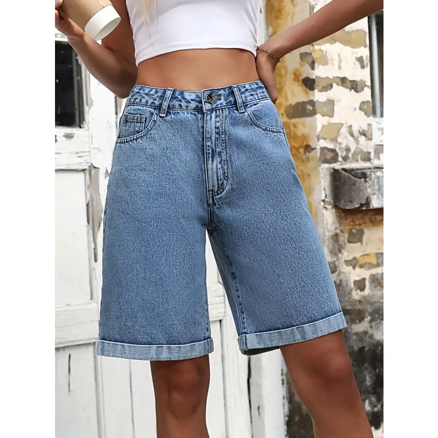 Weekend Buttoned High Waist Pocketed Denim Shorts