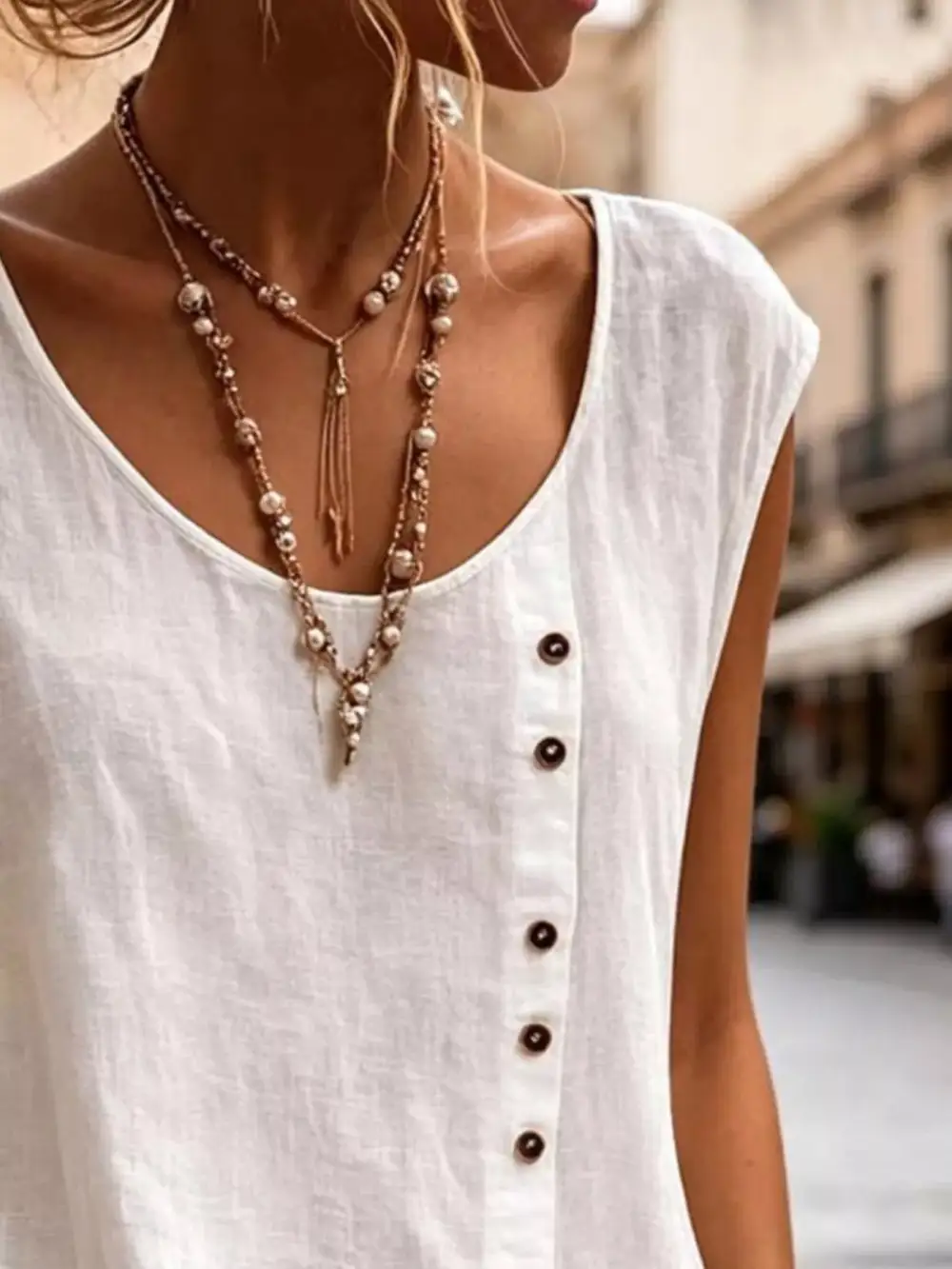 Round-Neck Button-Detail Tank Top