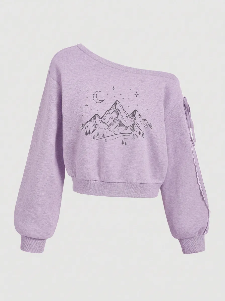 Women's Nature Mountain Moon Stars Graphic Off-Shoulder Sweatshirt