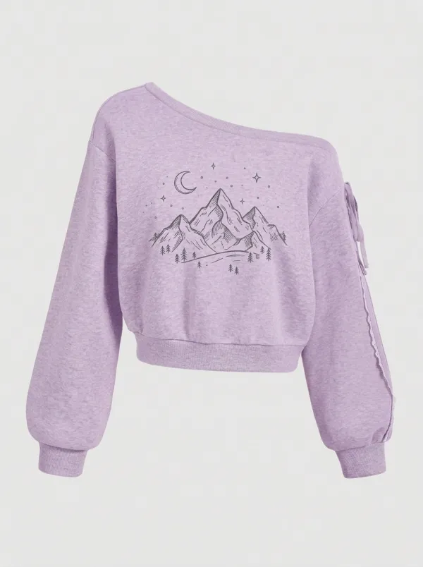 Women's Nature Mountain Moon Stars Graphic Off-Shoulder Sweatshirt