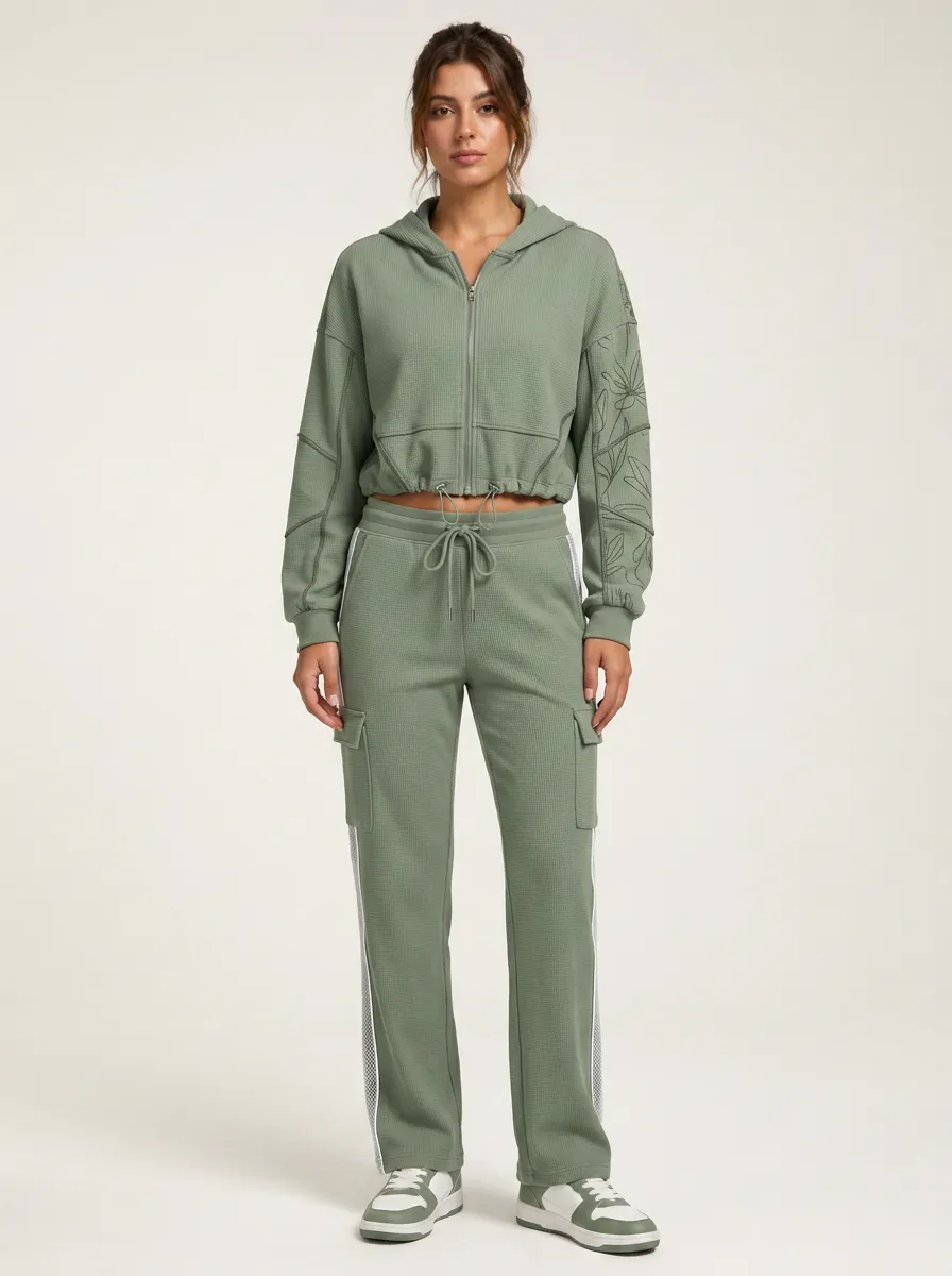 Women's Floral Line Art Waffle Knit Printed Tracksuit