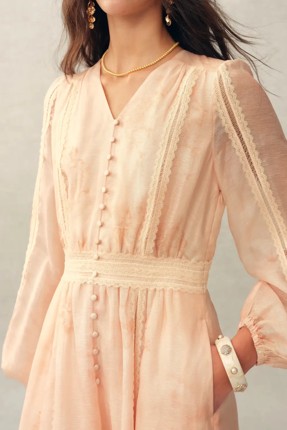 Lace Hand-Painted Floral Silk Linen Organza Midi Dress
