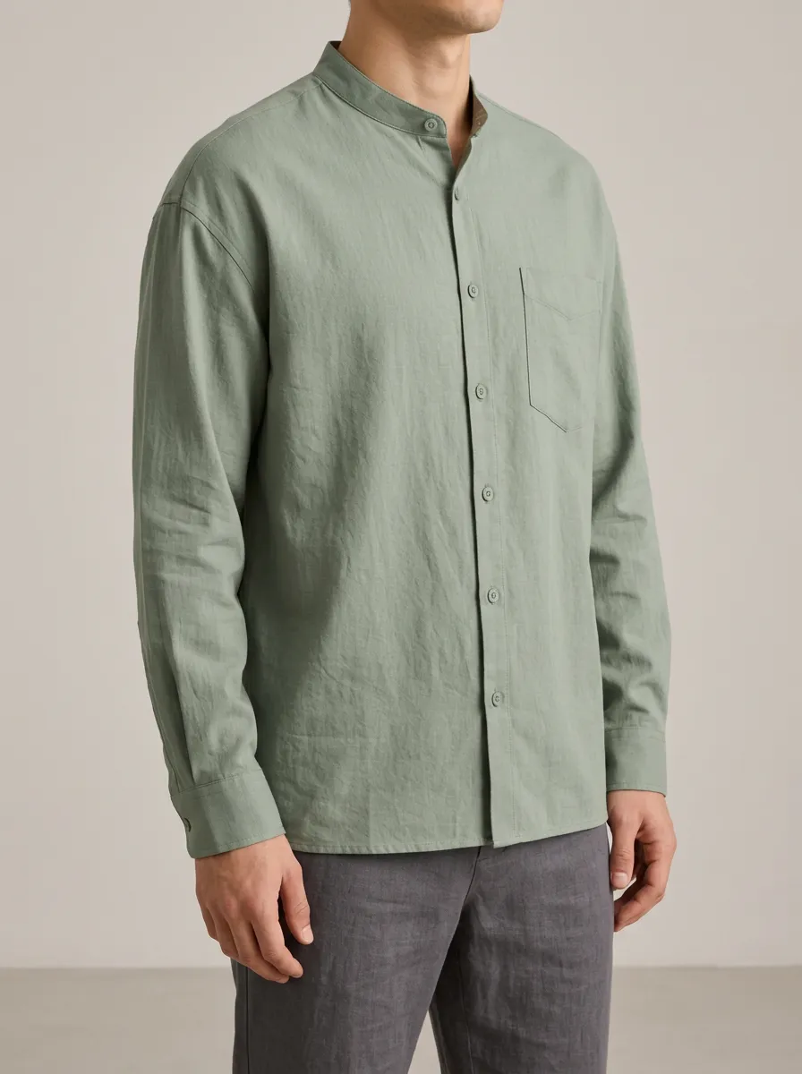 Unisex Mandarin Collar Sage Green Casual Shirt