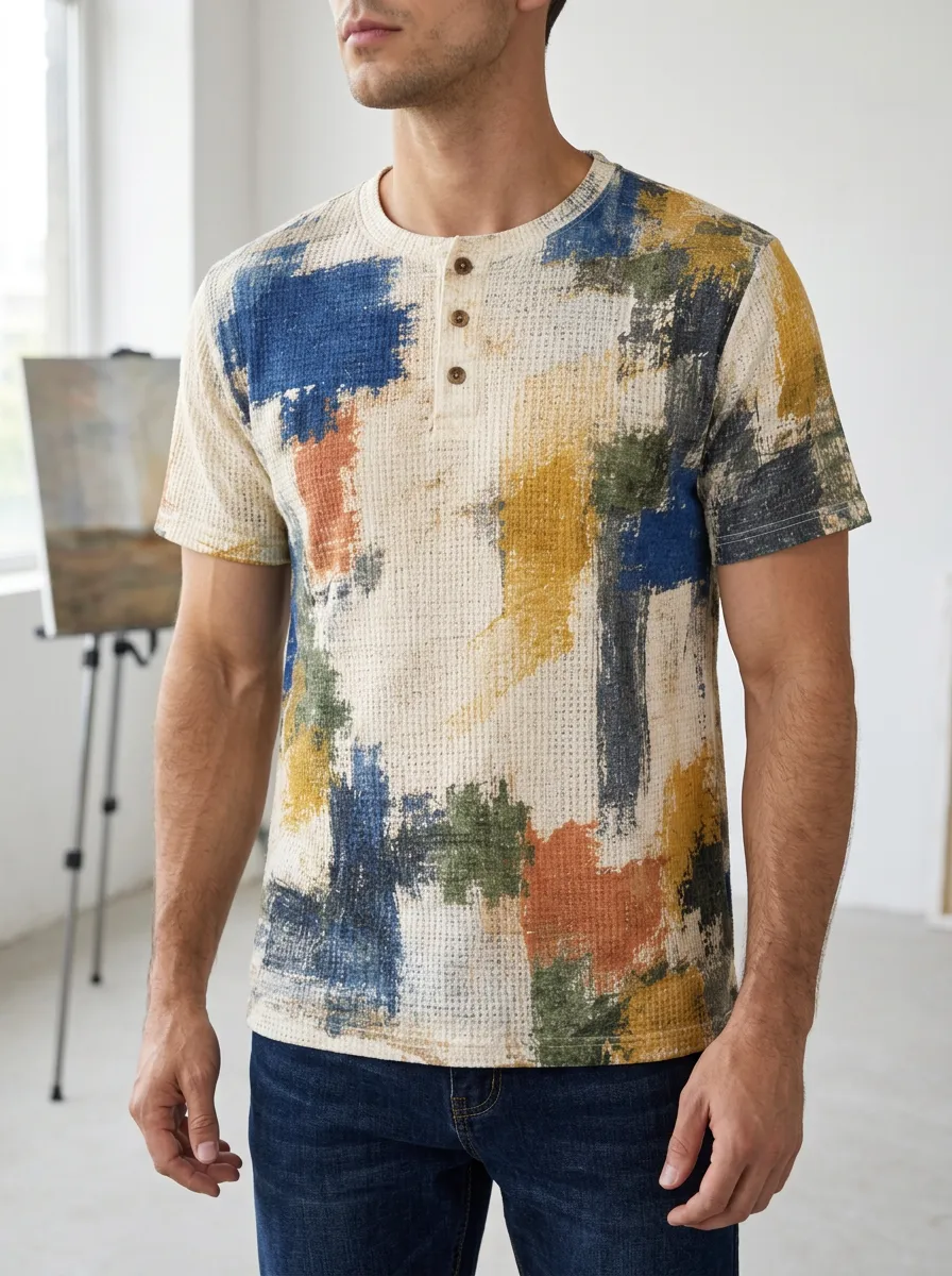 Men's Classic Abstract Paint Stroke Waffle Knit Henley T-Shirt