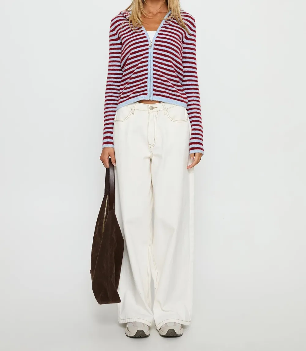Blue and Red Striped Zip-Up Knit Hoodie