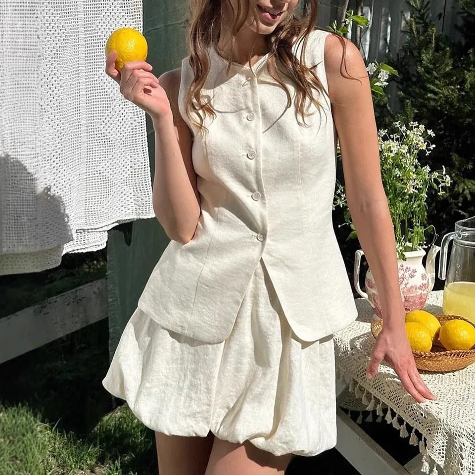 Summer Sweet Vest And Bubble Skirt Set For European American Style