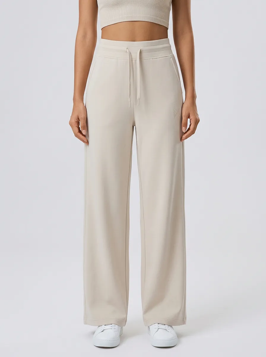 Women's Casual Minimalist Beige Solid Color Drawstring Wide Leg Sweatpants