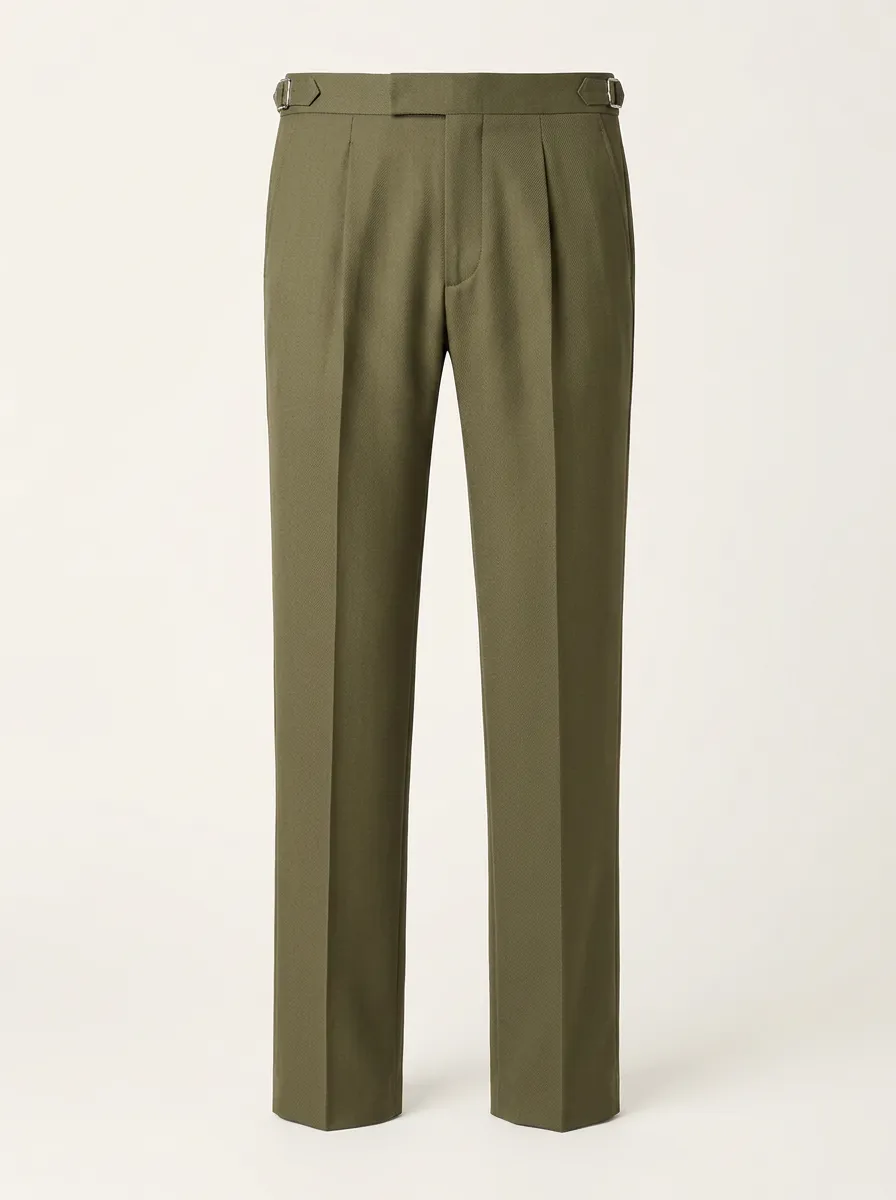 Men's Olive Green Side-Adjuster Pleated Formal Trousers