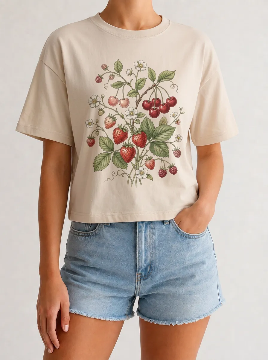 Women's Botanical Fruit Lover Strawberry Cherry Printed T-shirt