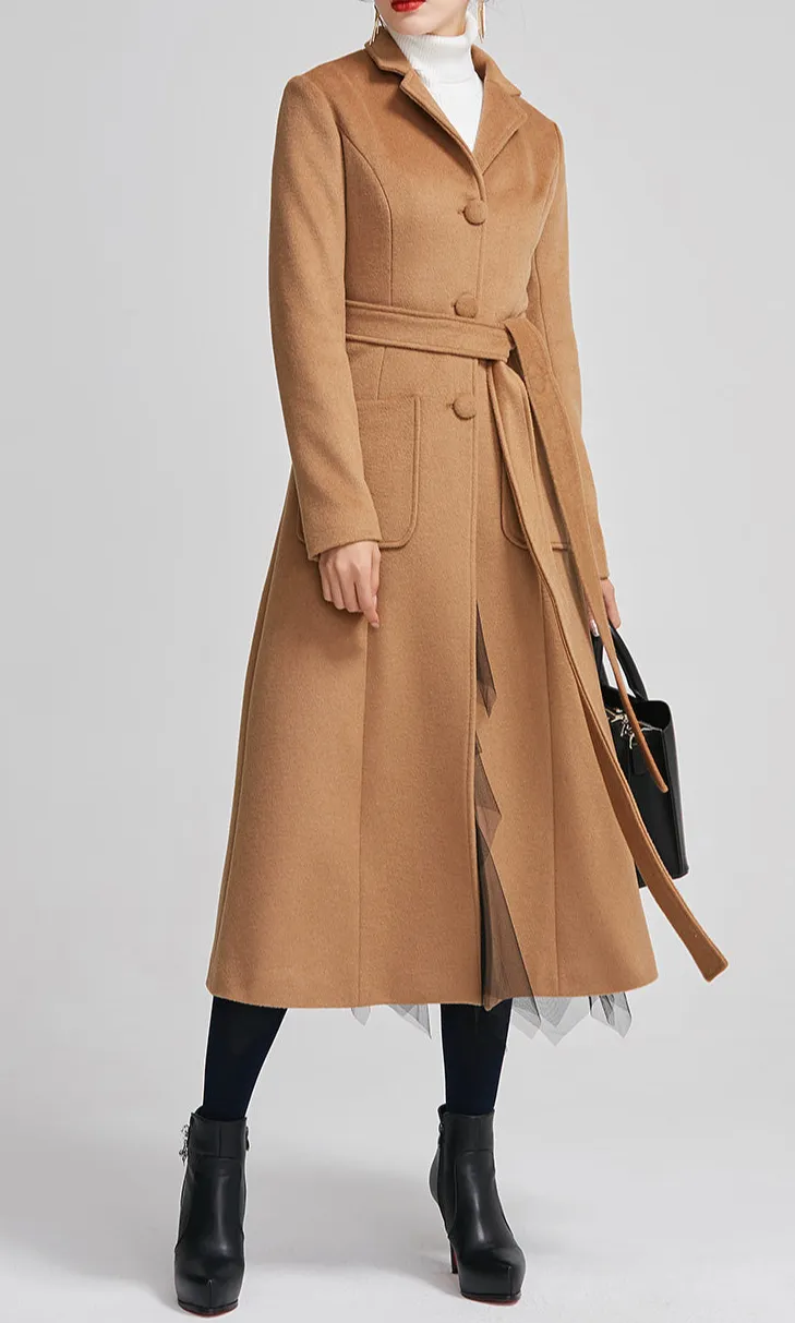 Refined Wool Blend A Line Belted Lapel Collar Pocketed Coat